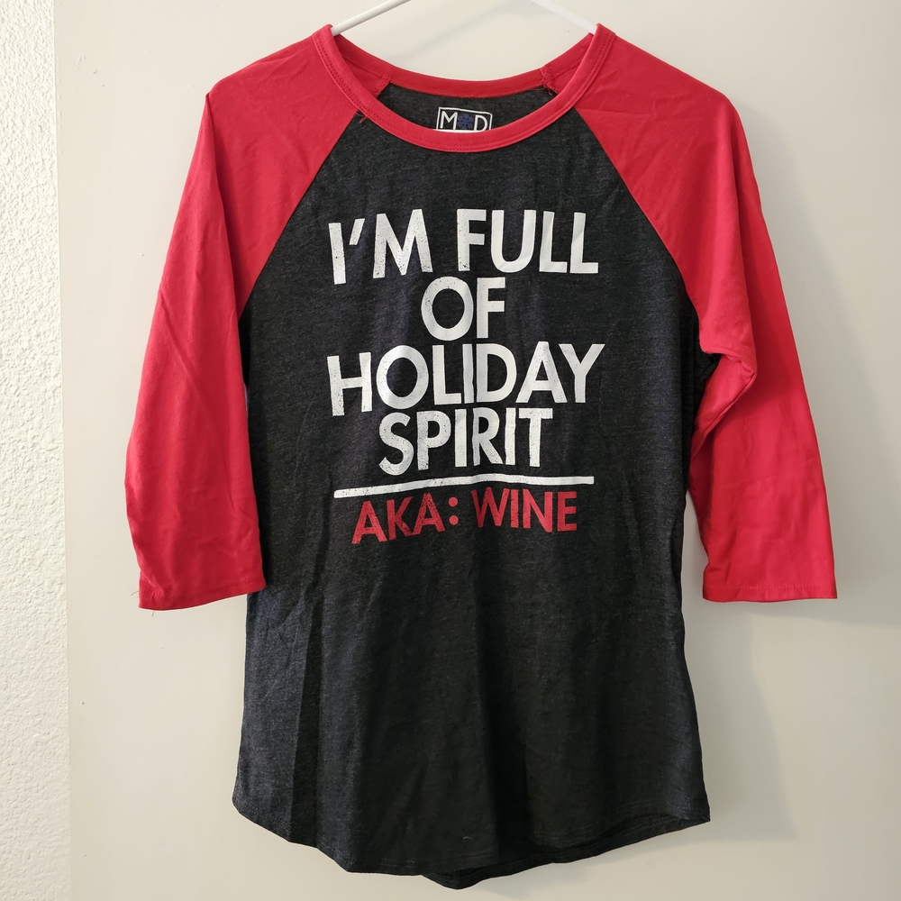 Modern Lux Red Gray Baseball Tee "Full Of Holiday Spirit" Sz L, See Description